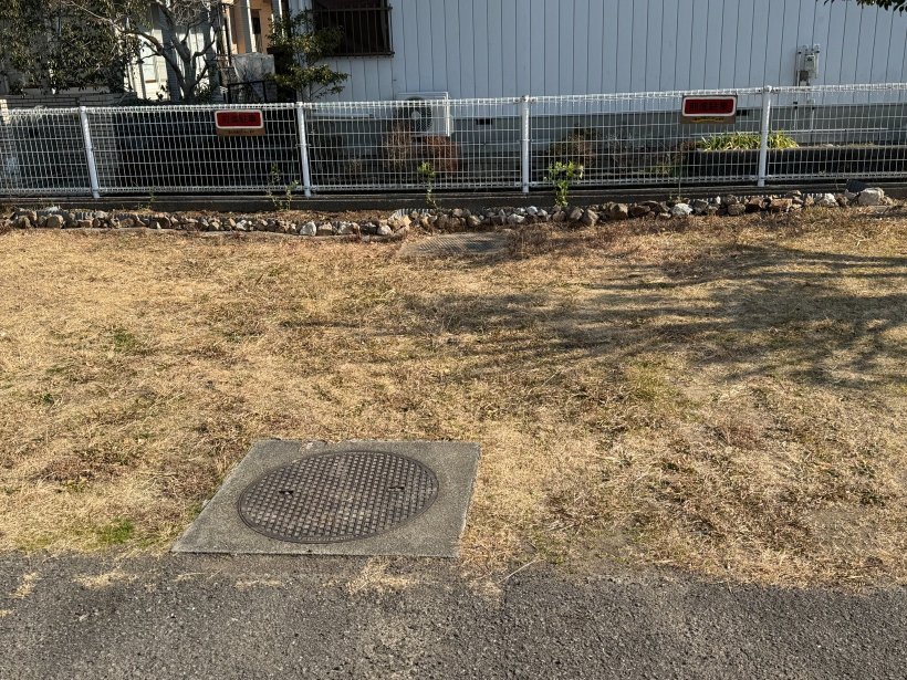 茶色の芝と花壇